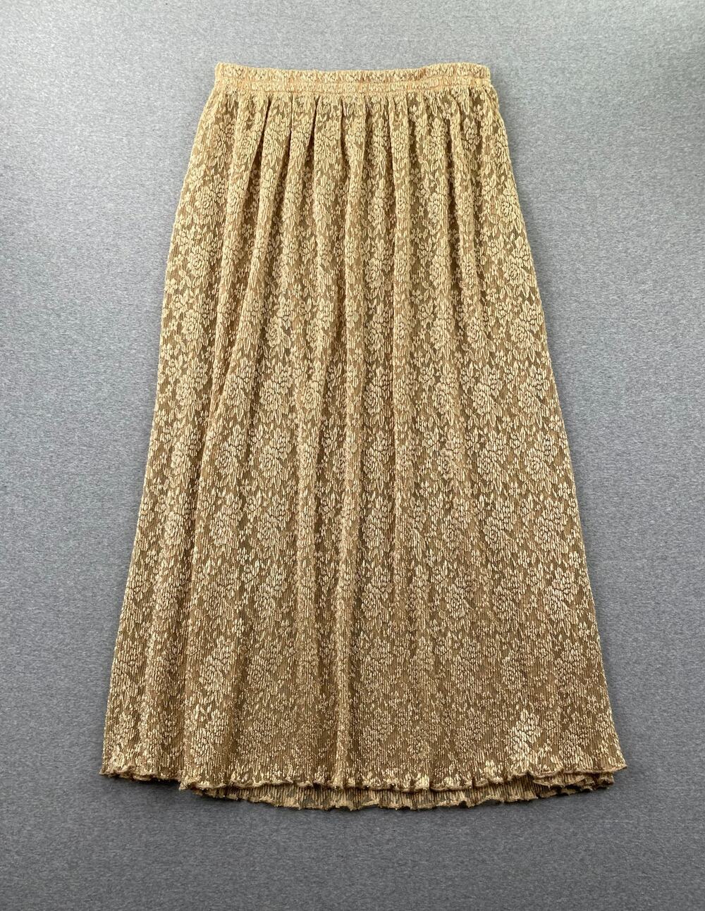Y2K Floral Lace Pleated Maxi Skirt 3XL Gold Elastic Waist Cottagecore Fairy Boho